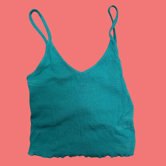 💚 PacSun Basics Teal Ribbed Lettuce Hem Crop Tank (XS) - Picture 2 of 6